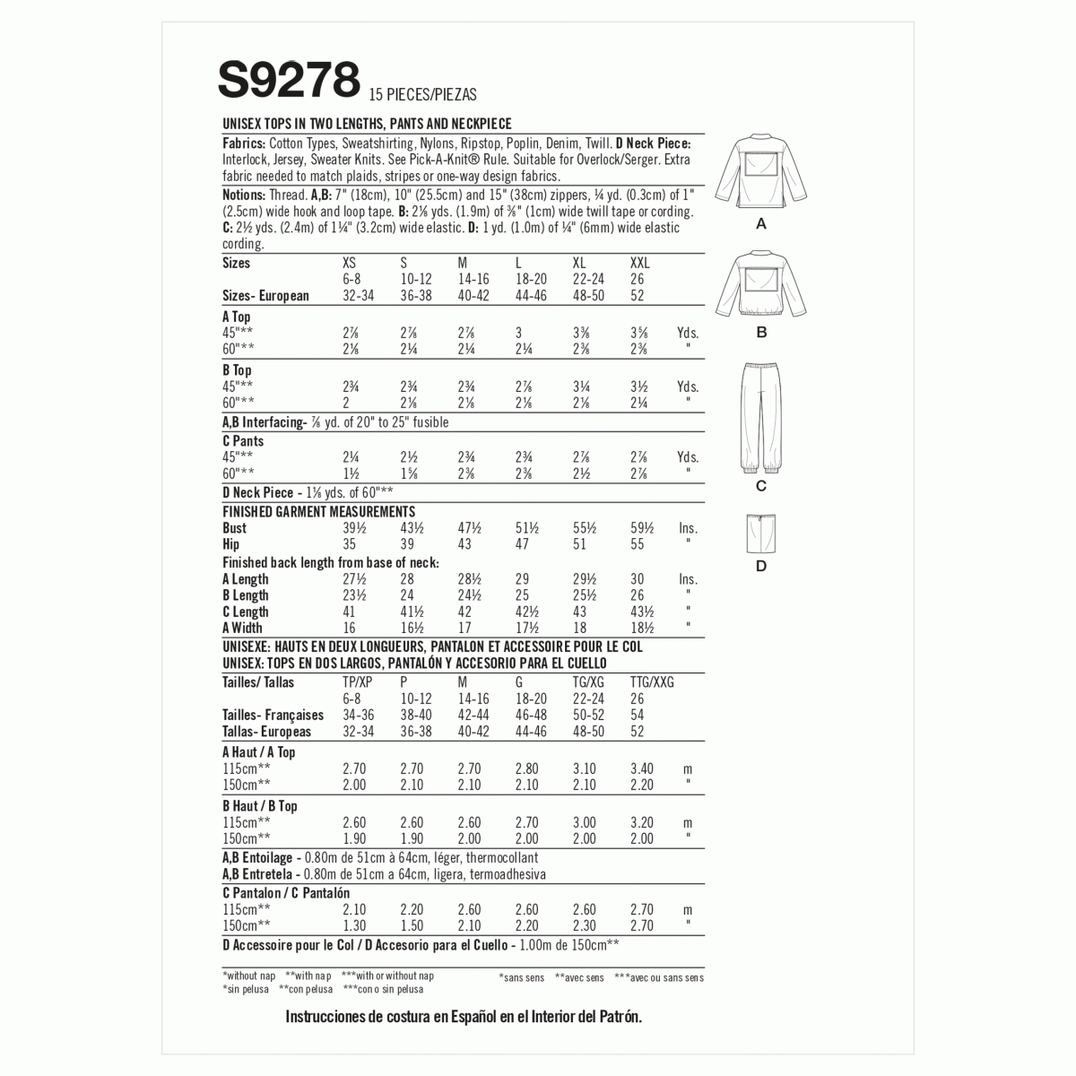 Simplicity Sewing Pattern S9278 Unisex Tops, Trousers and Snood neckpiece/mask