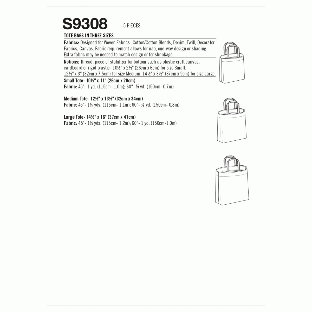 Simplicity Sewing Pattern S9308 Tote Bags in Three Sizes