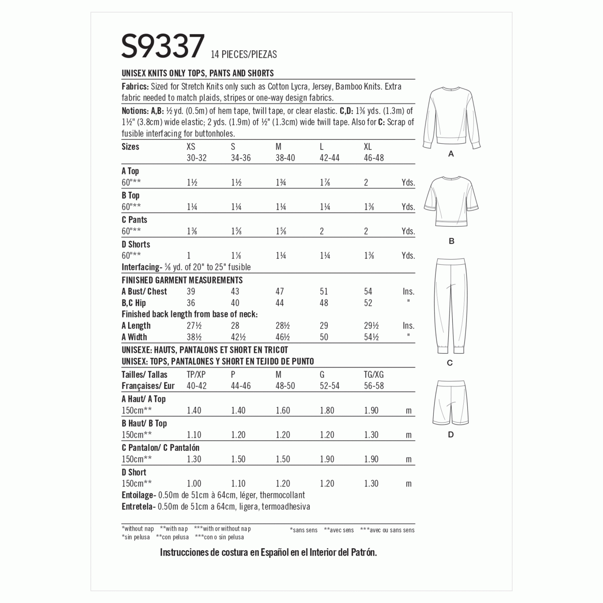 Simplicity Sewing Pattern S9337 Unisex Knits Only Tops, Trousers and Shorts