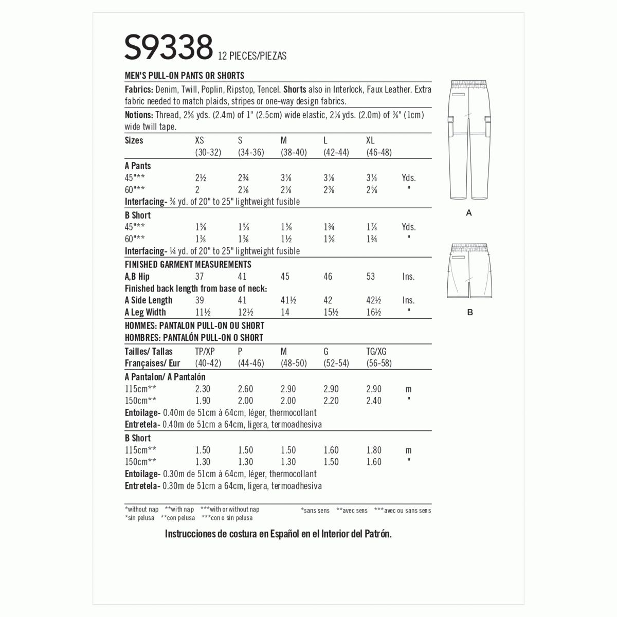 Simplicity Sewing Pattern S9338 Men's Pull-On Trousers or Shorts