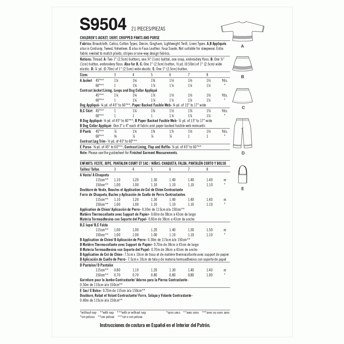 Simplicity Sewing Pattern S9504 Children's Jacket, Skirt, Cropped Trousers and Bag