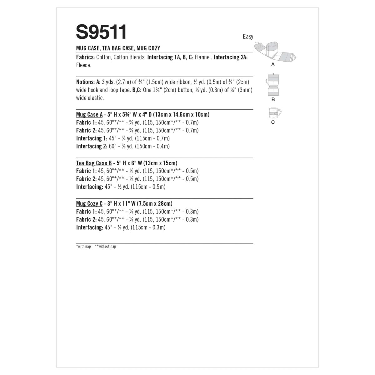 Simplicity Sewing Pattern S9511 Mug Case, Tea Bag Case, Mug Cozy