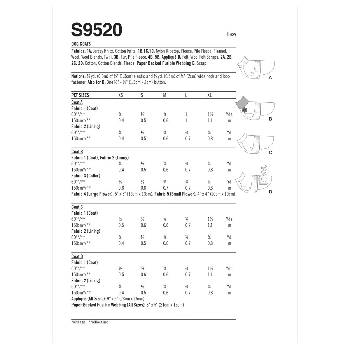 Simplicity Sewing Pattern S9520 Dog Coats