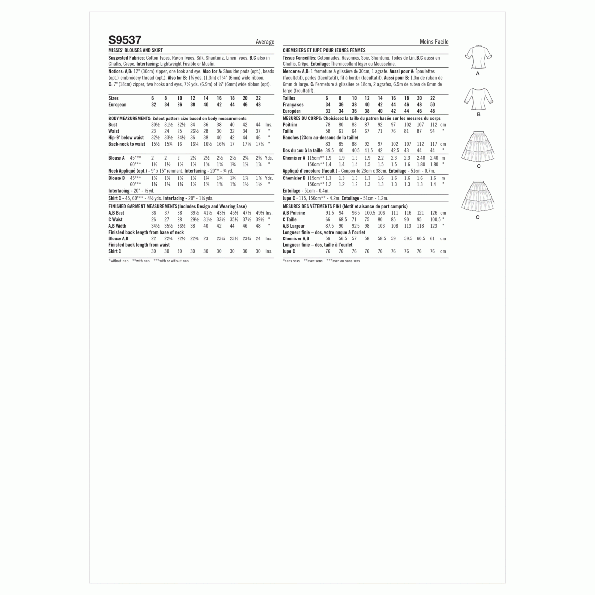 Simplicity Sewing Pattern S9537 Misses' Blouses and Skirt