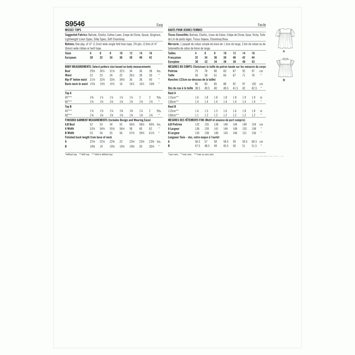 Simplicity Sewing Pattern S9546 Misses' Tops