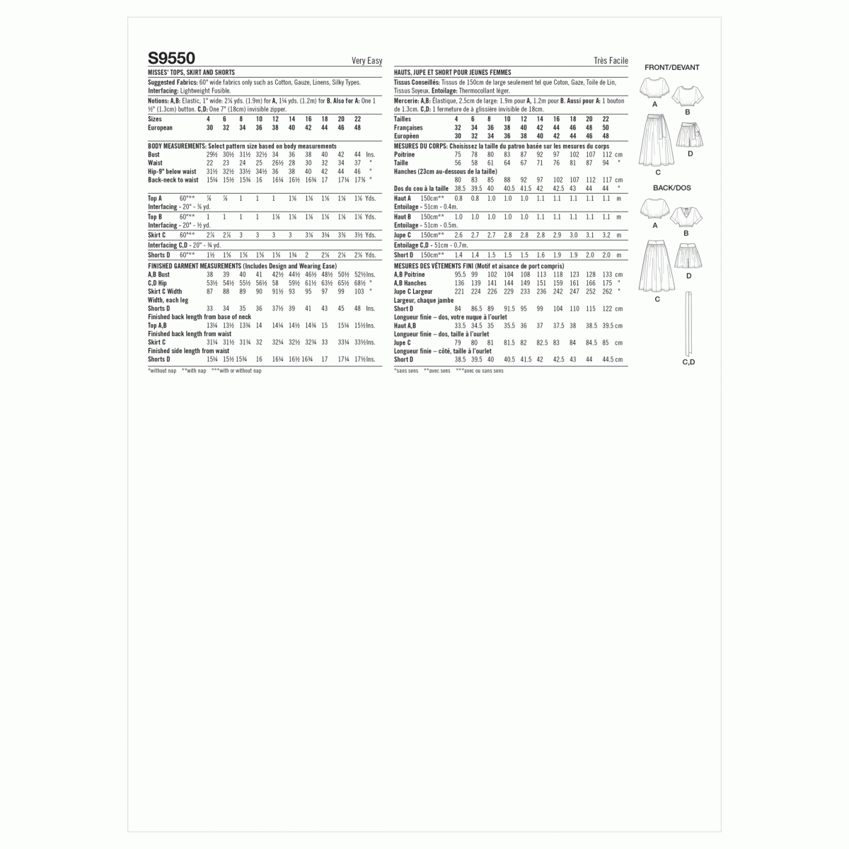 Simplicity Sewing Pattern S9450 Misses' Tops, Skirt and Shorts