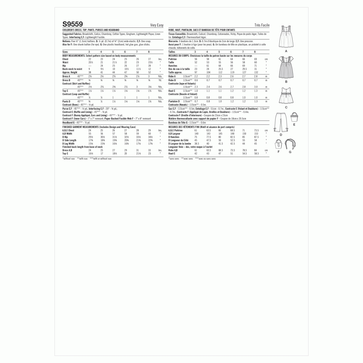 Simplicity Sewing Pattern S9559 Children's Dress, Top, Trousers, Purses and Headband