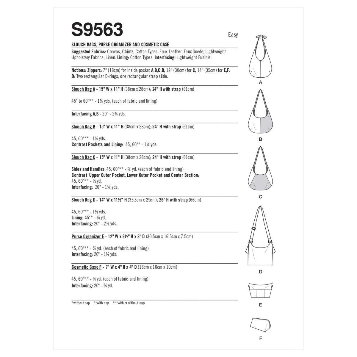 Simplicity Sewing Pattern S9563 Slouch Bags, Purse Organizer and Cosmetic Case