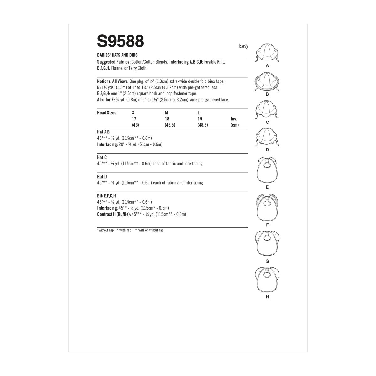 Simplicity Sewing Pattern S9588 Babies' Hats and Bibs