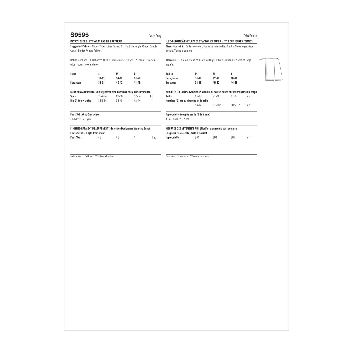 Simplicity Sewing Pattern S9595 Misses' Super Jiffy Wrap and Tie Trouserskirt