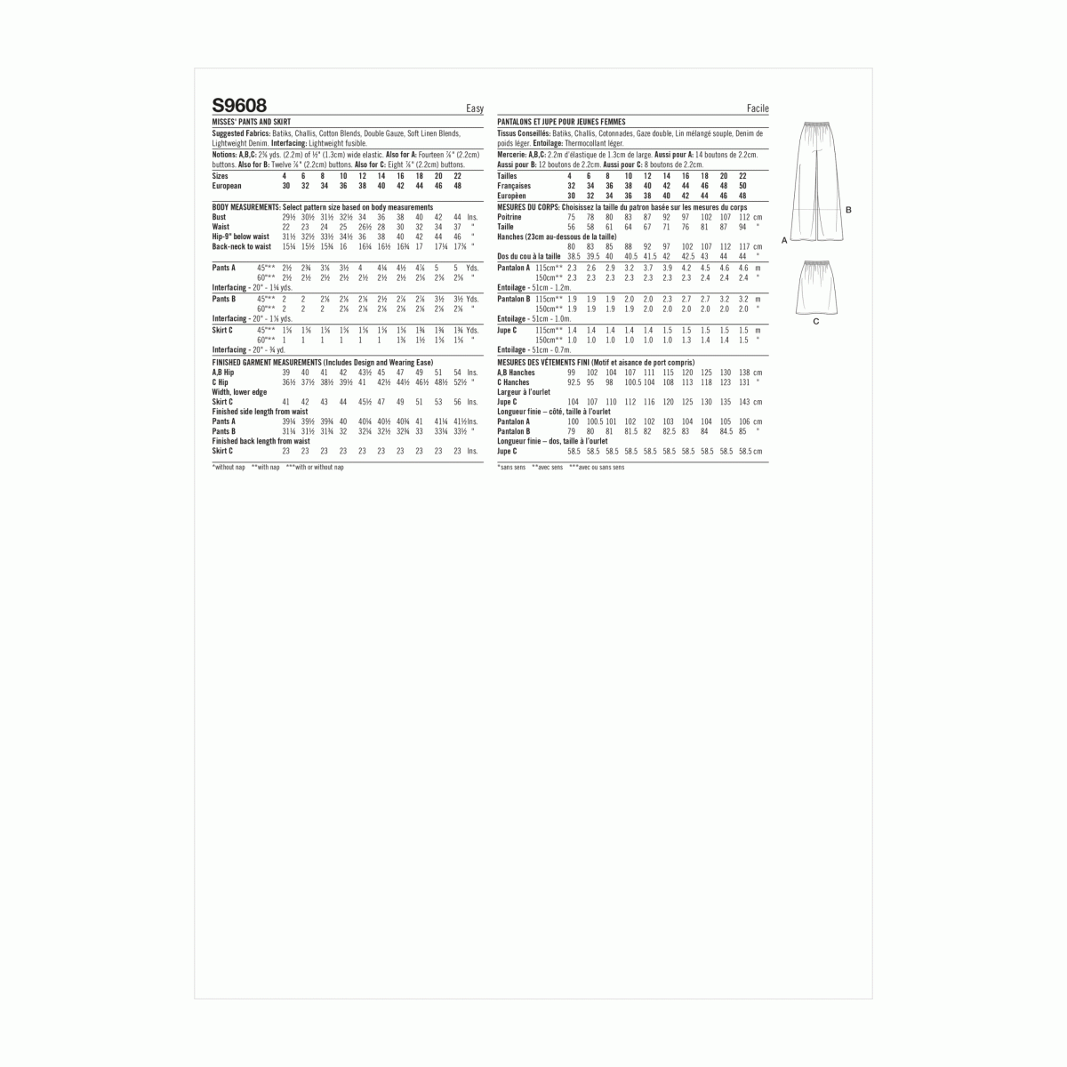 Simplicity Sewing Pattern S9608 Misses' Trousers and Skirt
