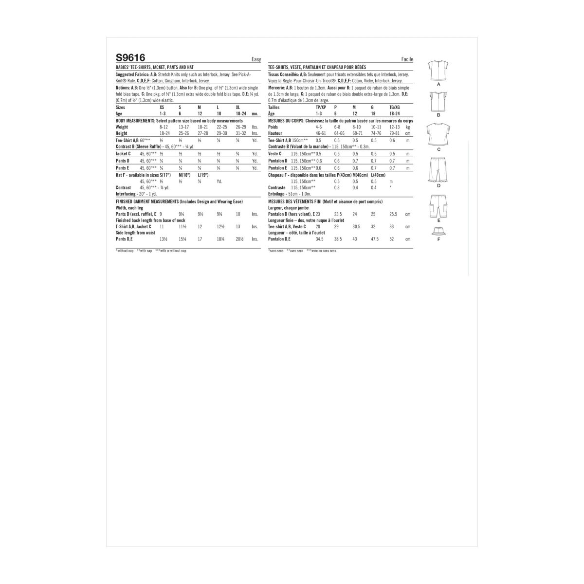 Simplicity Sewing Pattern S9616 Babies' Tee-Shirts, Jacket, Trousers and Hat