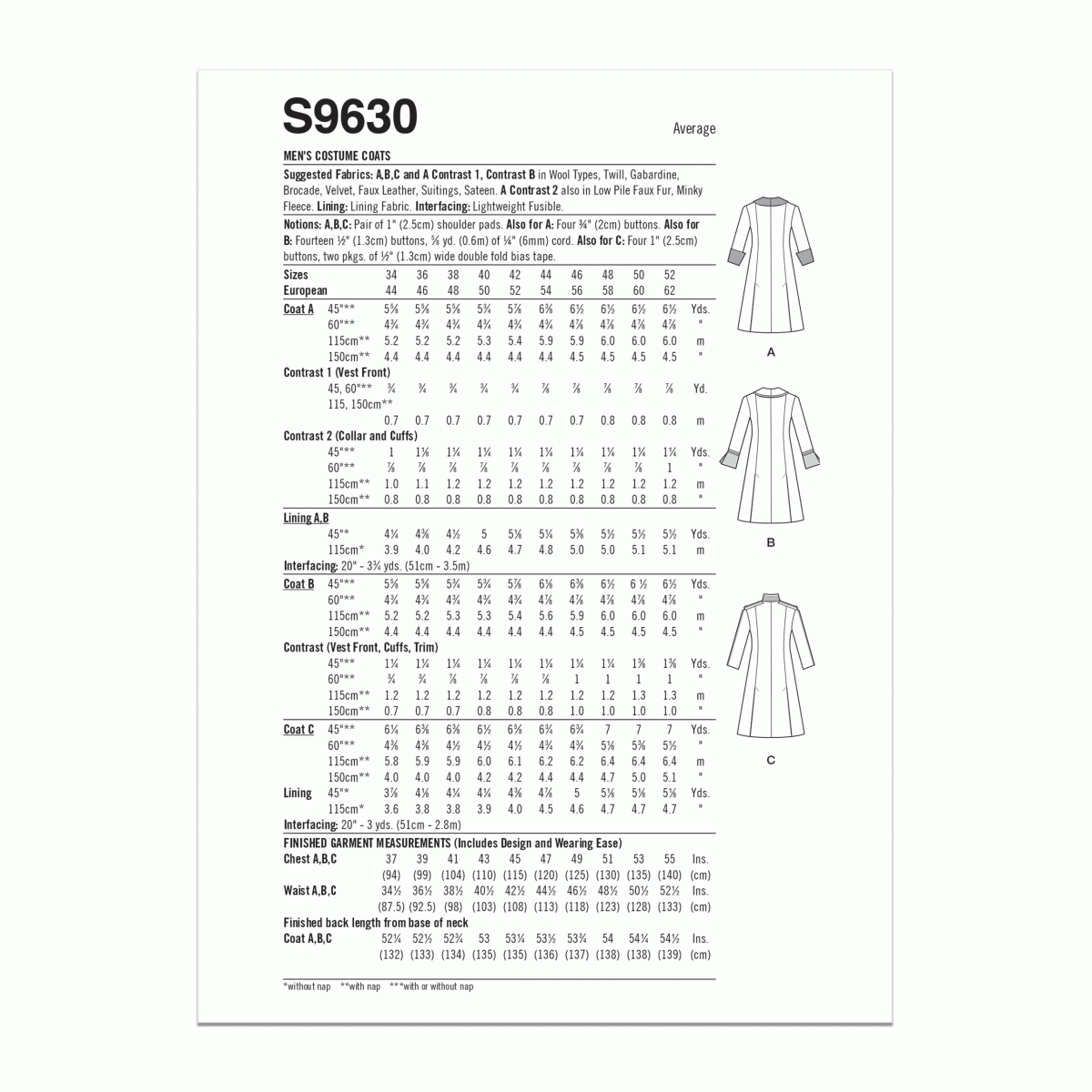 Simplicity Sewing Pattern S9630 Men's Costume Coats