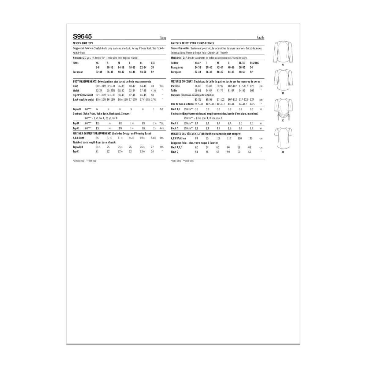 Simplicity Sewing Pattern S9645 Misses' Knit Tops