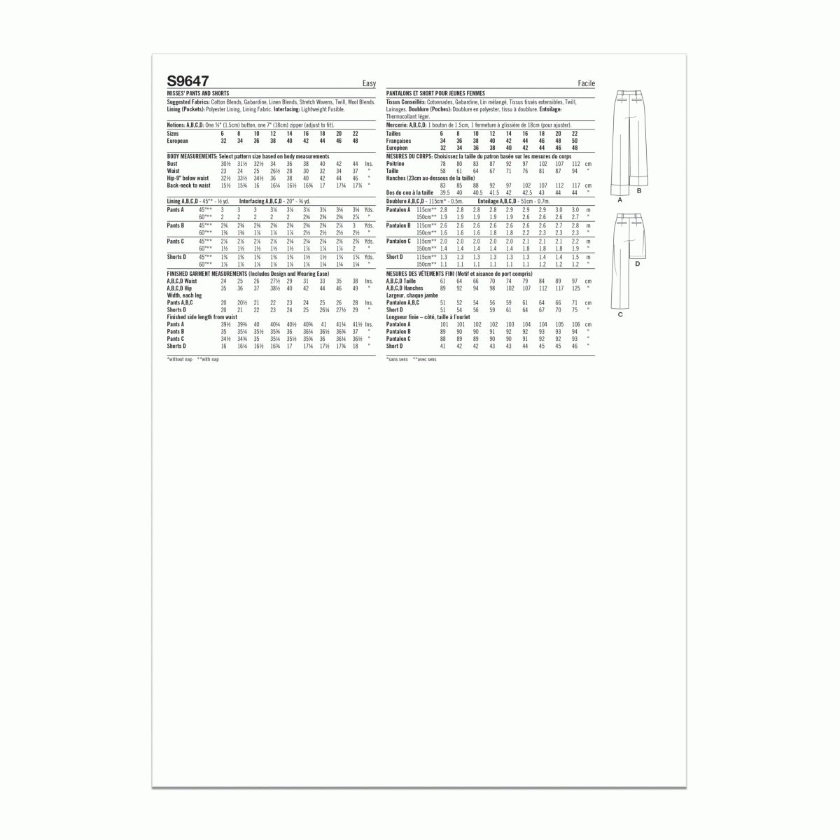 Simplicity Sewing Pattern S9647 Misses' Trousers and Shorts