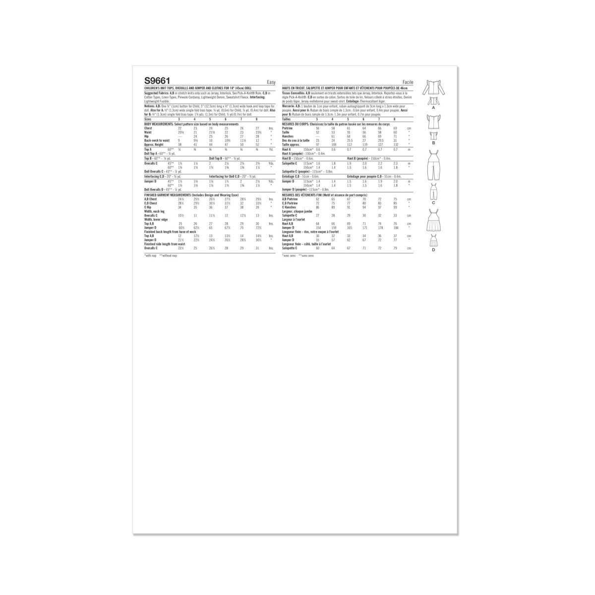 Simplicity Sewing Pattern S9661 Children's Knit Tops, Overalls, and Pinafore and Doll Clothes for 18" Doll