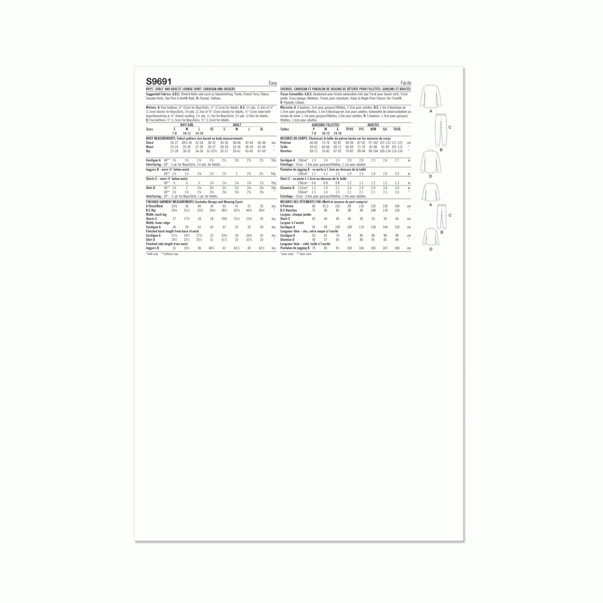 Simplicity Sewing Pattern S9691 Girls', Boys' and Adults' Lounge Shirt, Cardigan, Shorts and Joggers