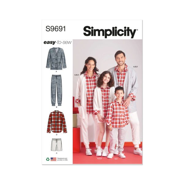 Simplicity Sewing Pattern S9691 Girls', Boys' and Adults' Lounge Shirt, Cardigan, Shorts and Joggers