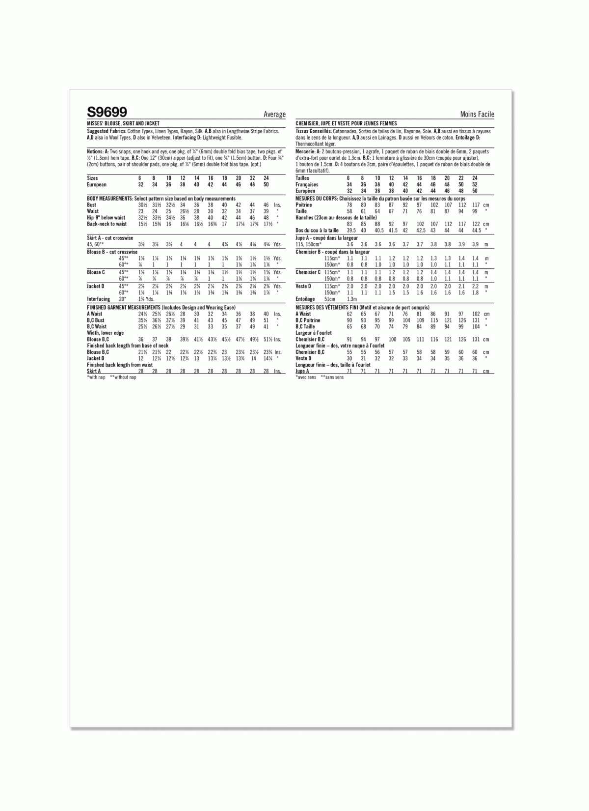 Simplicity Sewing Pattern S9699 Misses' Vintage Skirt, Blouse and Jacket