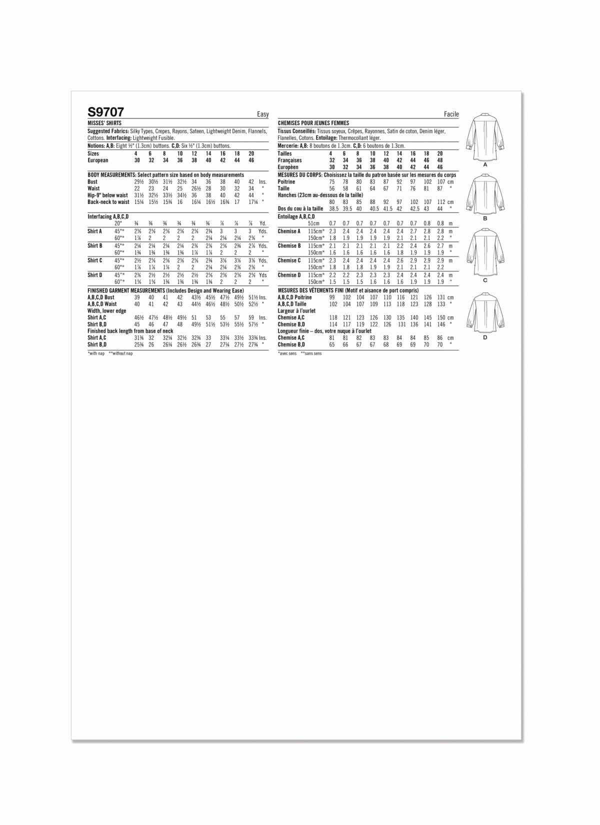 Simplicity Sewing Pattern S9707 Misses' Shirts