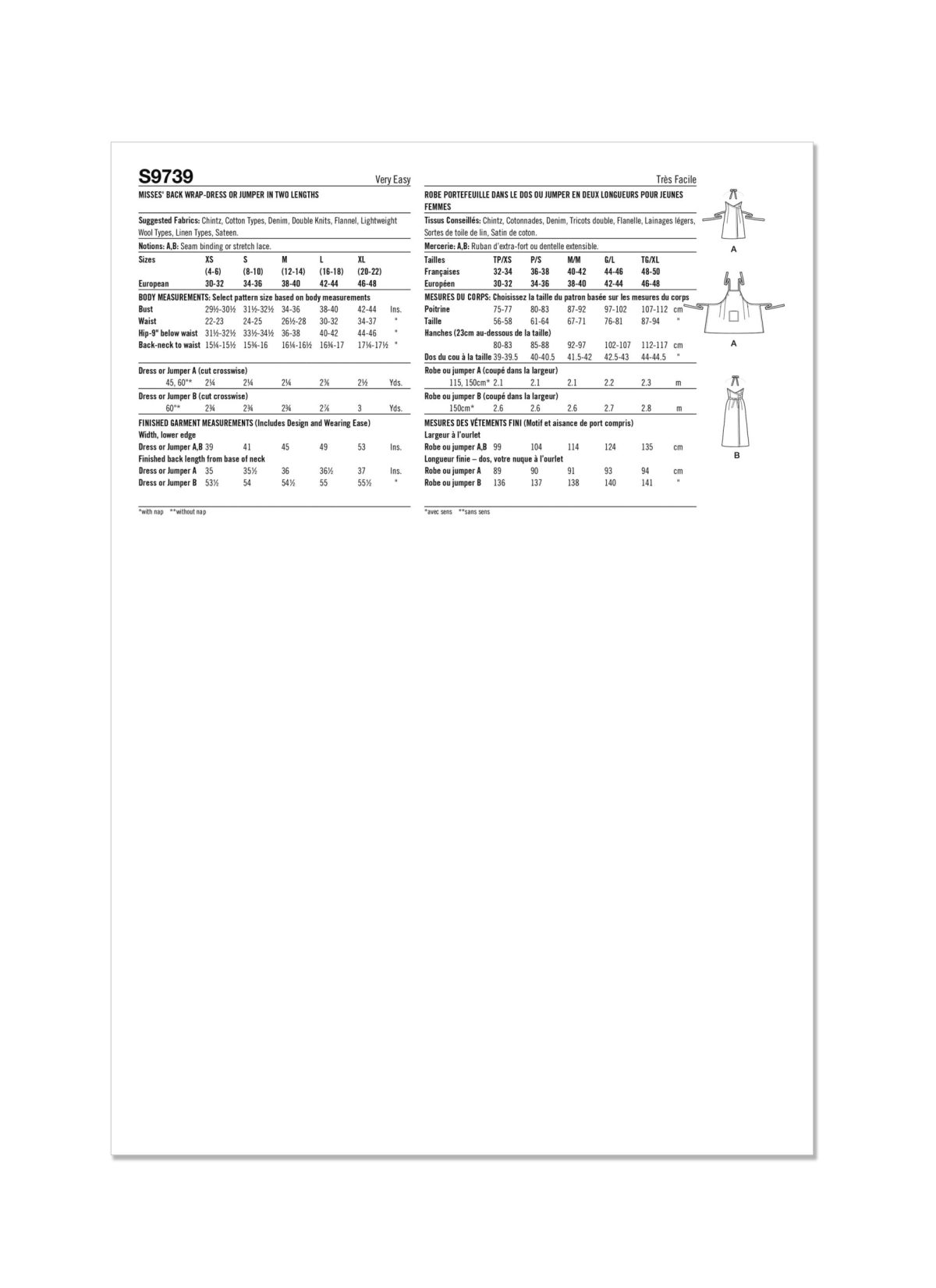 Simplicity Sewing Pattern S9739 Misses' Back-Wrap Dress and Pinafore in Two Lengths