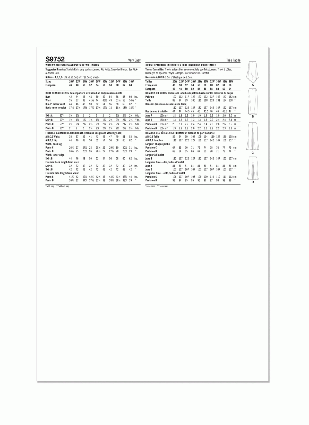 Simplicity Sewing Pattern S9752 Women's Knit Skirts and Trousers in Two Lengths