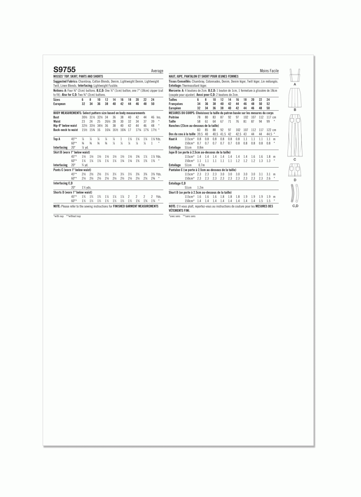 Simplicity Sewing Pattern S9755 Misses' Top, Skirt, Trousers and Shorts