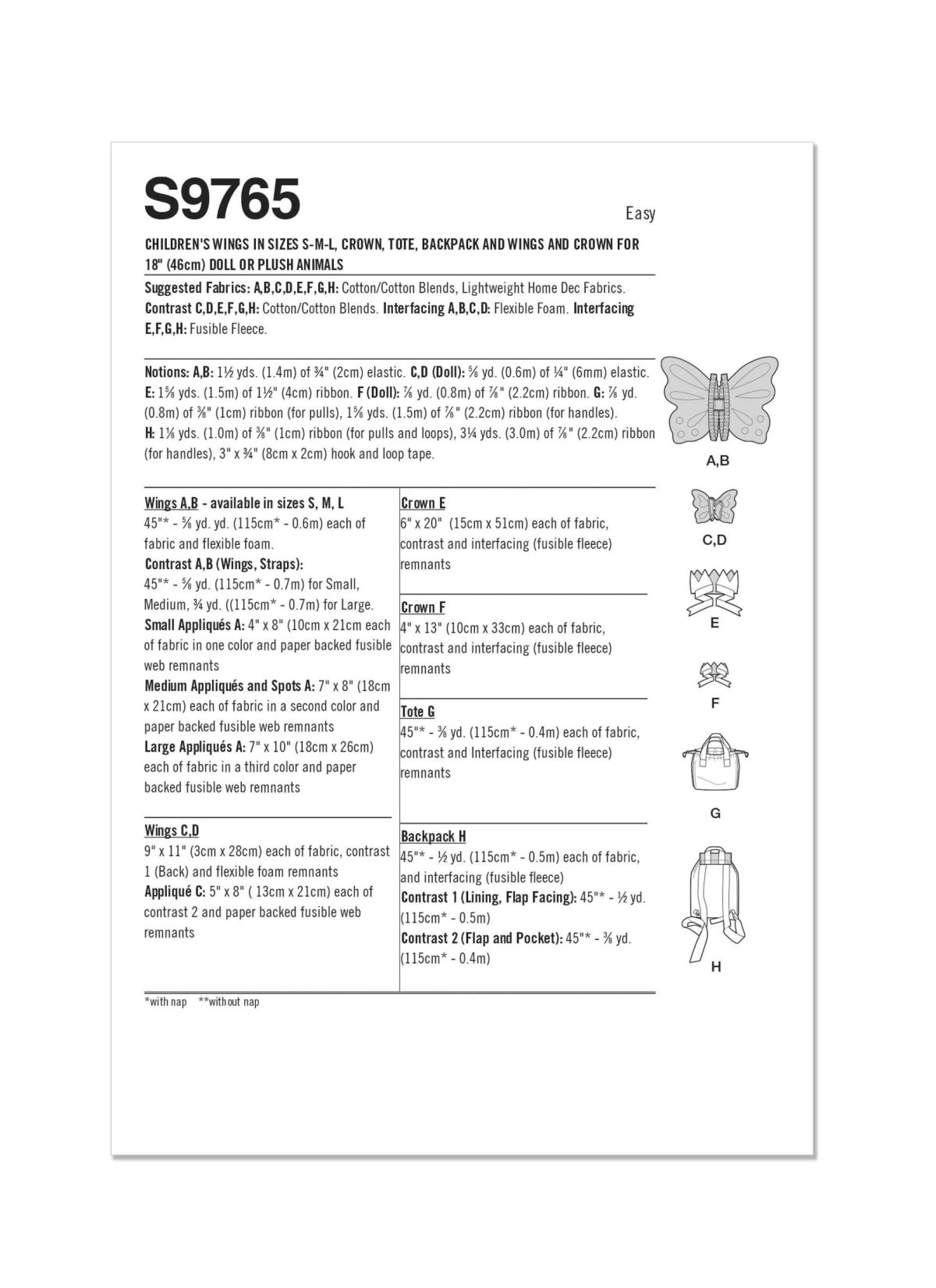 Simplicity Sewing Pattern S9765 Children's Wings in Sizes S-M-L, Crown, Tote, Backpack and Wings and Crown for Doll or Plush Animals by Laura Ashley