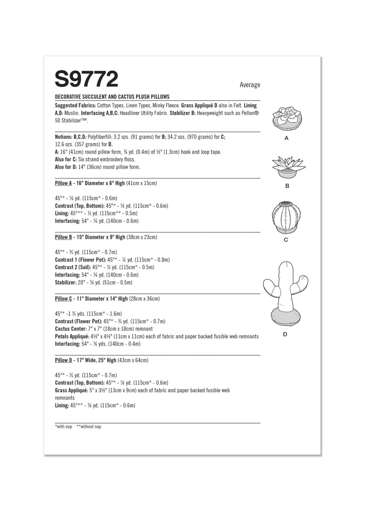 Simplicity Sewing Pattern S9772 Decorative Succulent and Cactus Plush Cushions by Carla Reiss Design