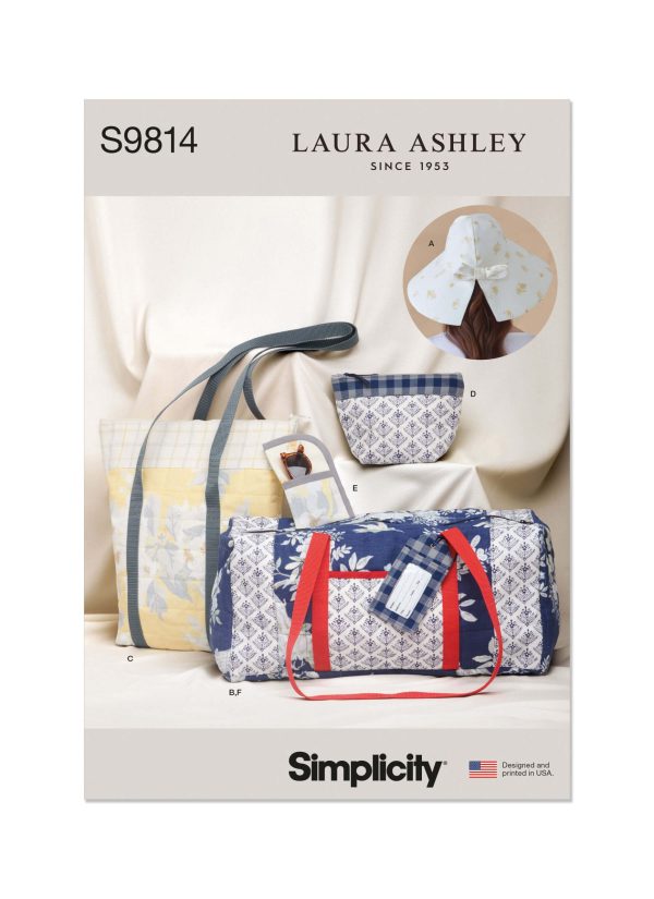 Simplicity Sewing Pattern S9814 Hat in Three Sizes, Duffel, Tote, Cosmetic Case, Eyeglass Case and Luggage Tag by Laura Ashley