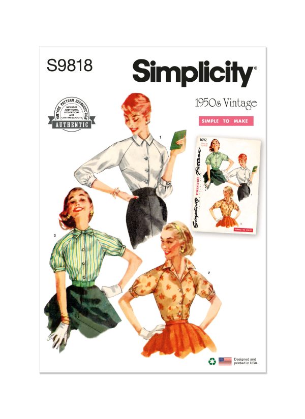Simplicity Sewing Pattern S9818 Misses' Vintage Blouses