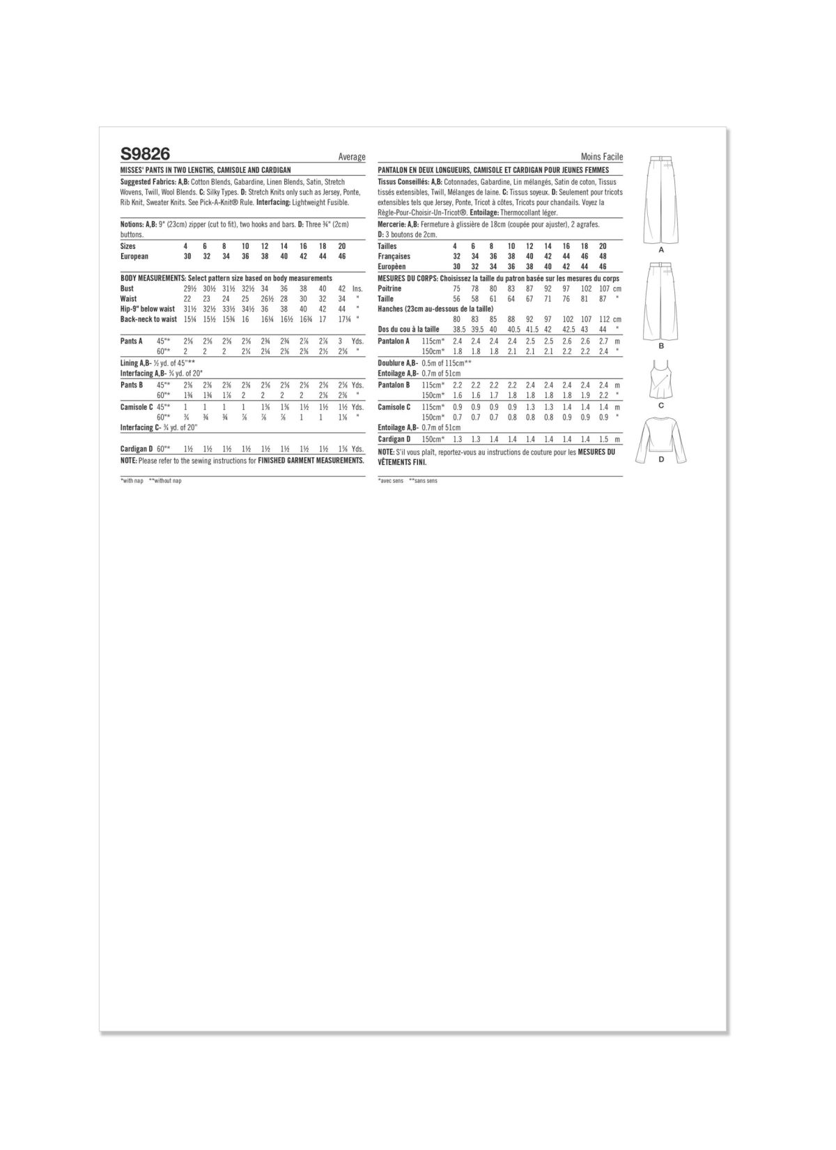 Simplicity Sewing Pattern S9826 Misses' Trousers in Two Lengths, Camisole and Cardigan