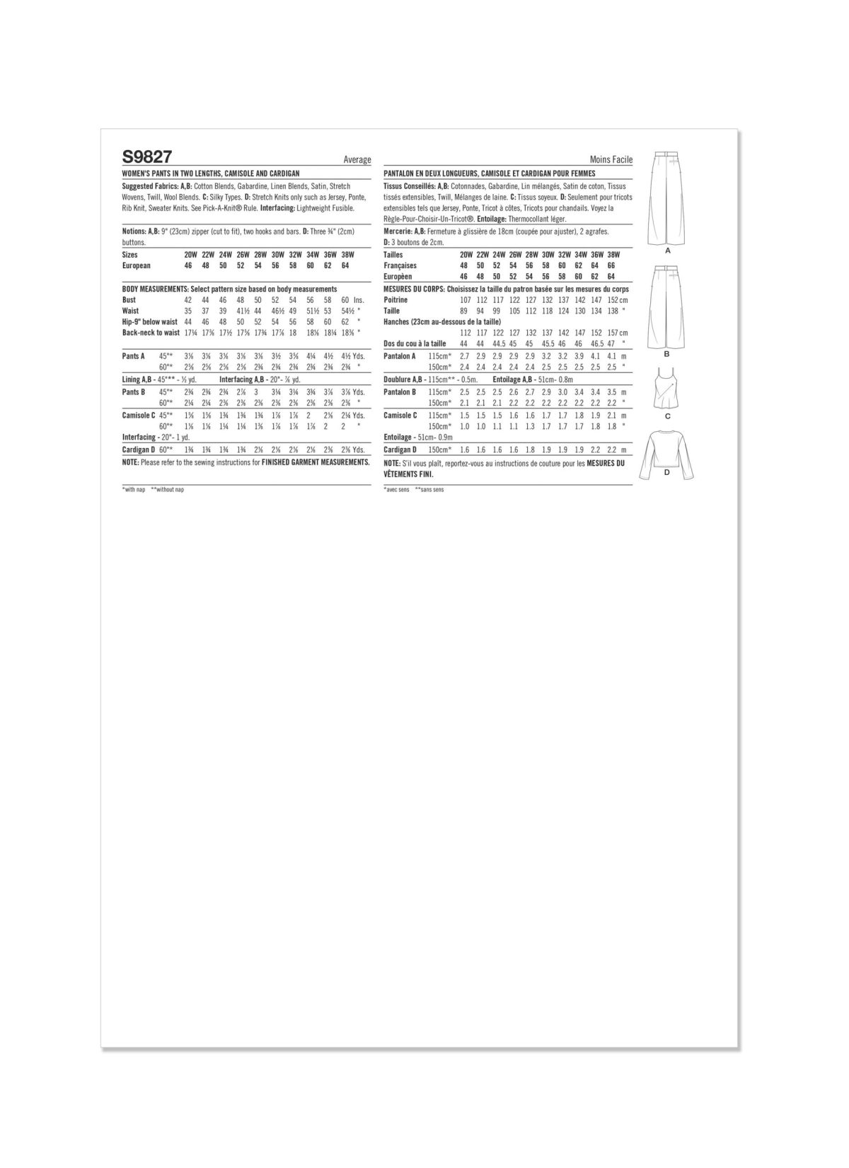 Simplicity Sewing Pattern S9827 Women's Trousers in Two Lengths, Camisole and Cardigan