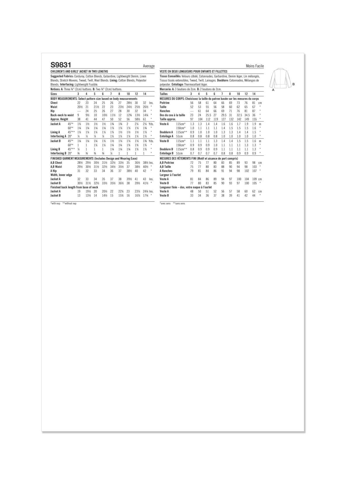 Simplicity Sewing Pattern S9831 Children's and Girls' Jacket in Two Lengths