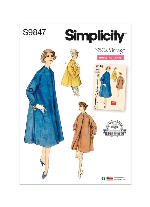 Simplicity Sewing Pattern S9847 Misses' Vintage Coat in Three Lengths