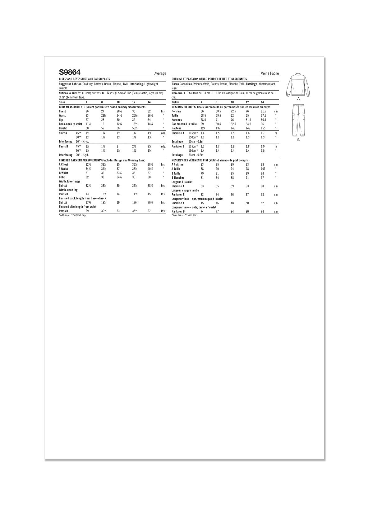 Simplicity Sewing Pattern S9864 Girls' and Boys' Shirt and Cargo Trousers