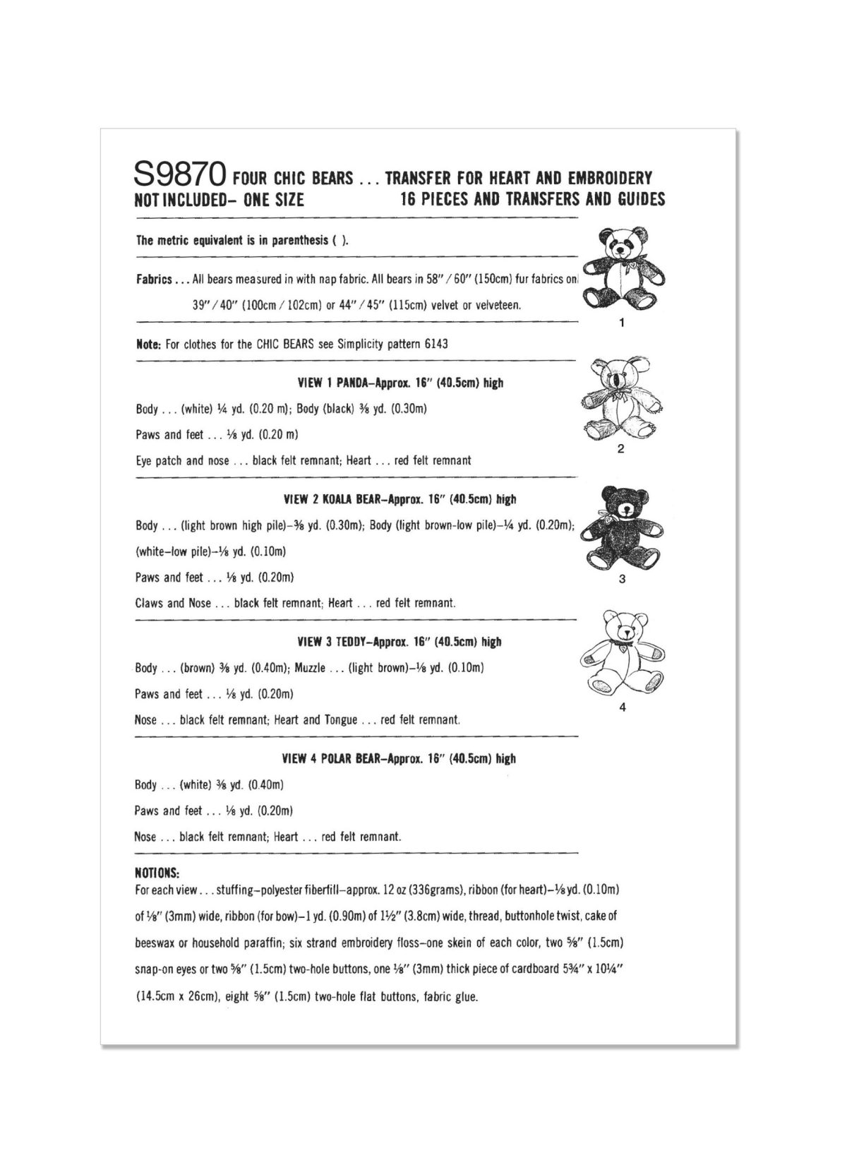 Simplicity Sewing Pattern S9870 Plush Bears