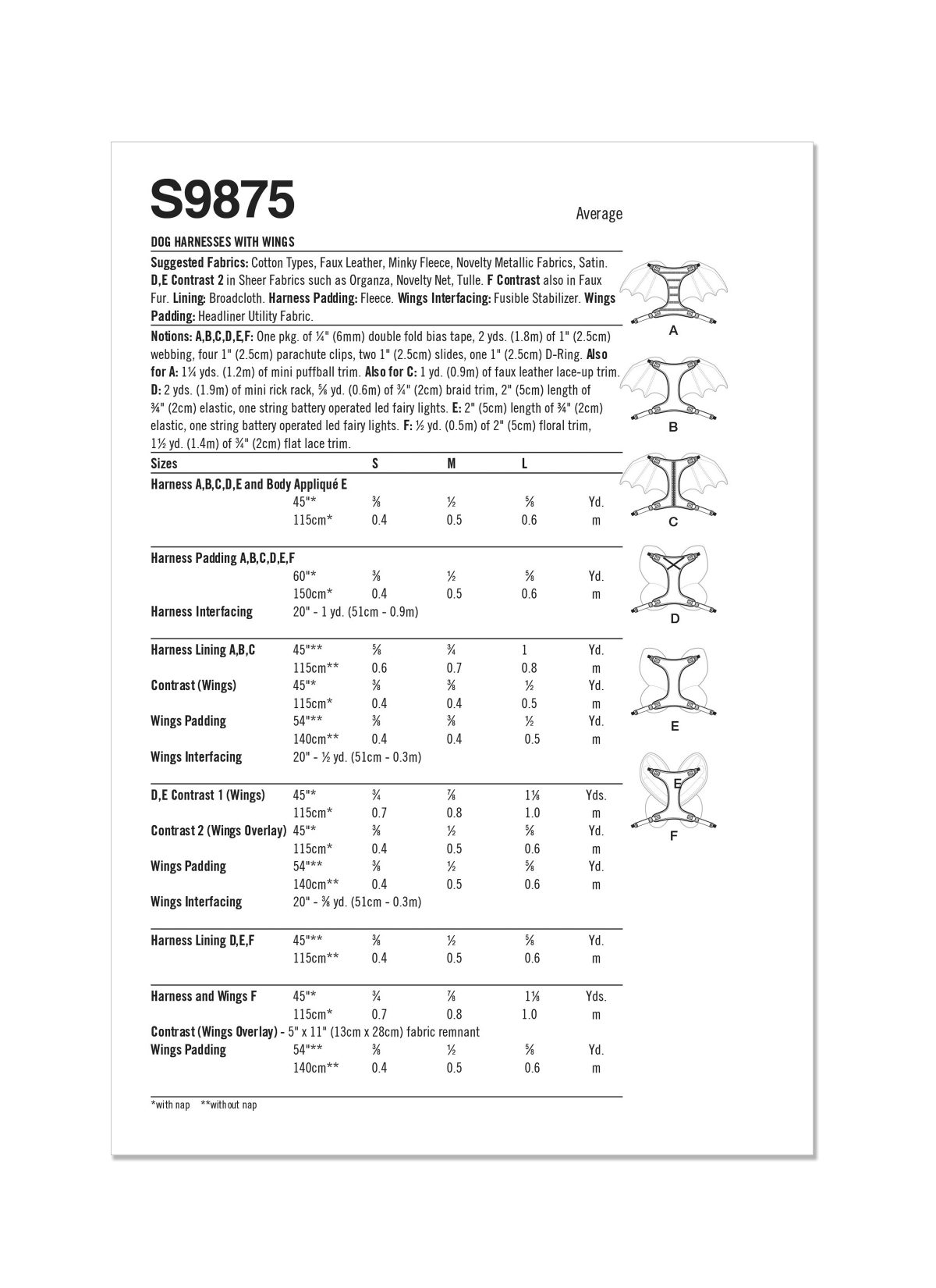 Simplicity Sewing Pattern S9875 Dog Harness with Wings by Carla Reiss Design