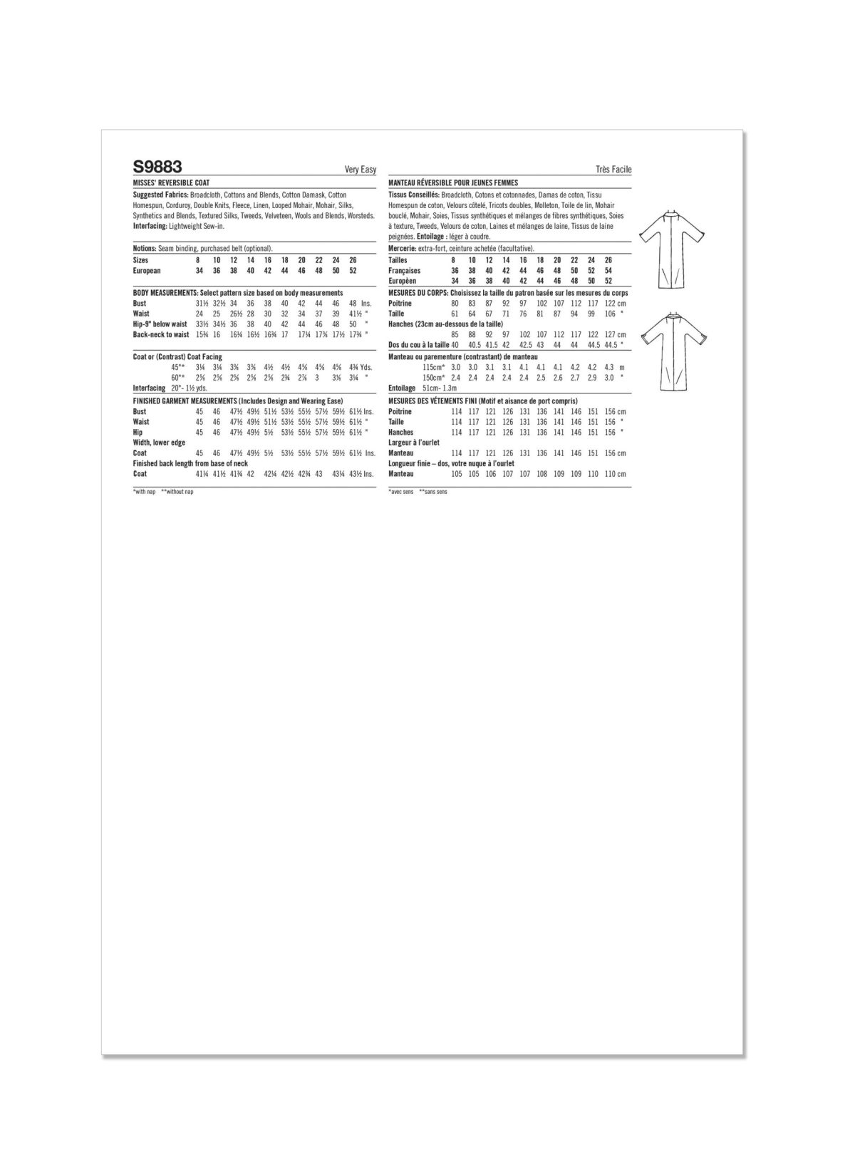 Simplicity Sewing Pattern S9883 Misses' Reversible Coat