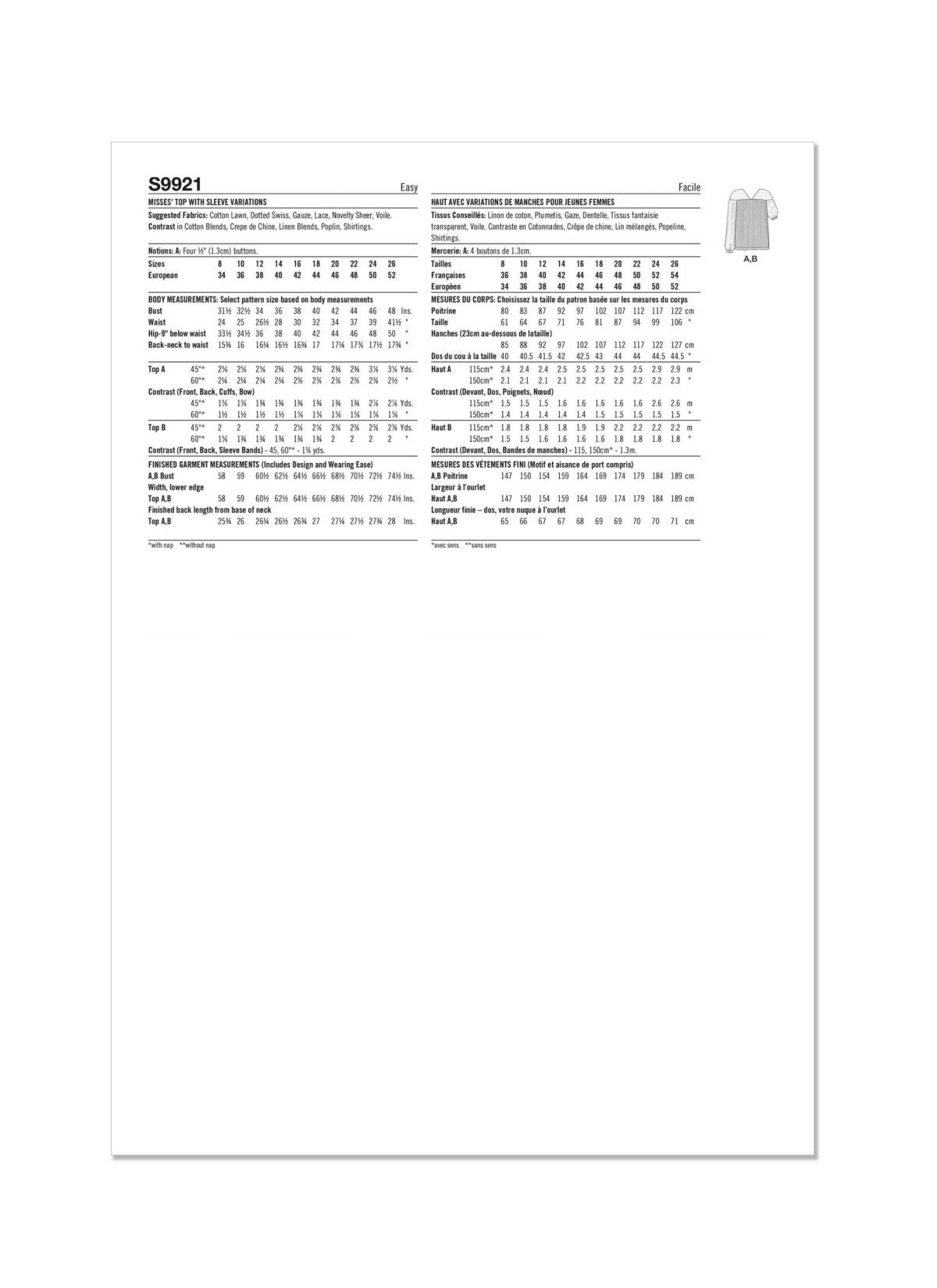 Simplicity Sewing Pattern S9921 Misses' Top with Sleeve Variations