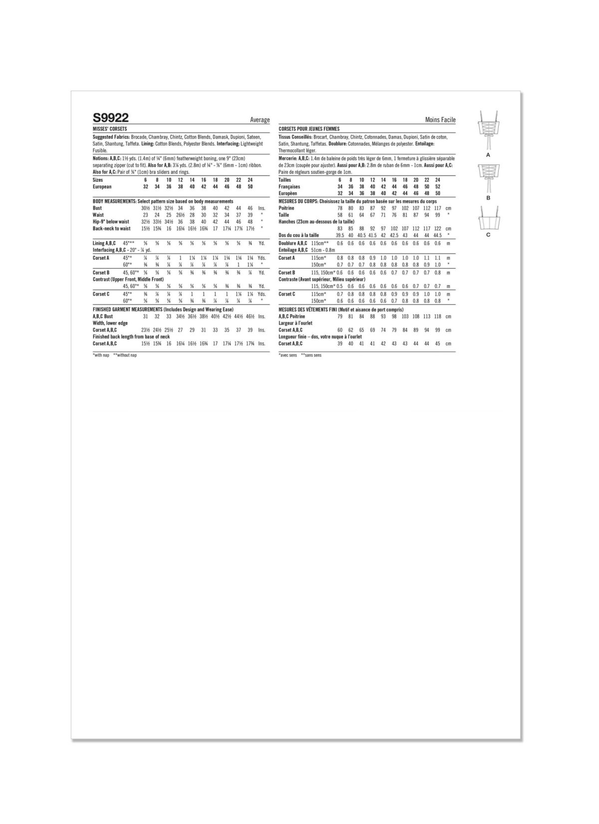 Simplicity Sewing Pattern S9922 Misses' Corsets