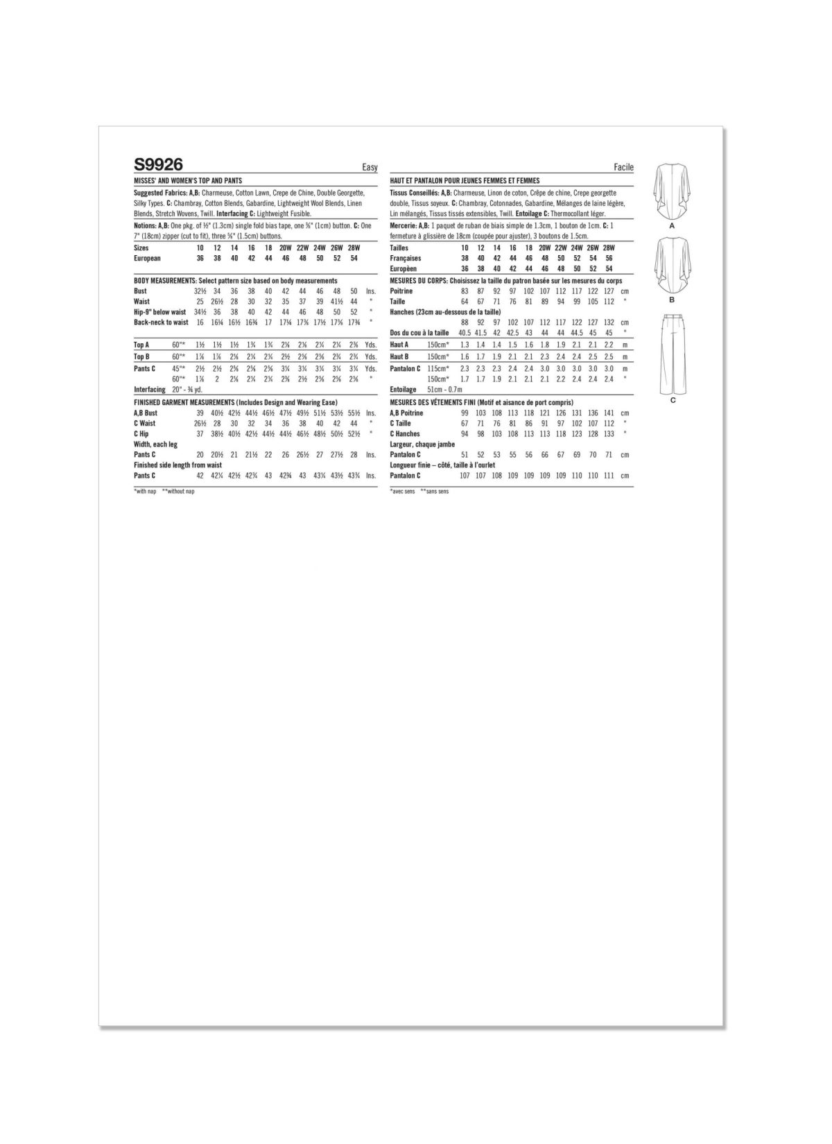 Simplicity Sewing Pattern S9926 Misses' and Women's Tops and Trousers