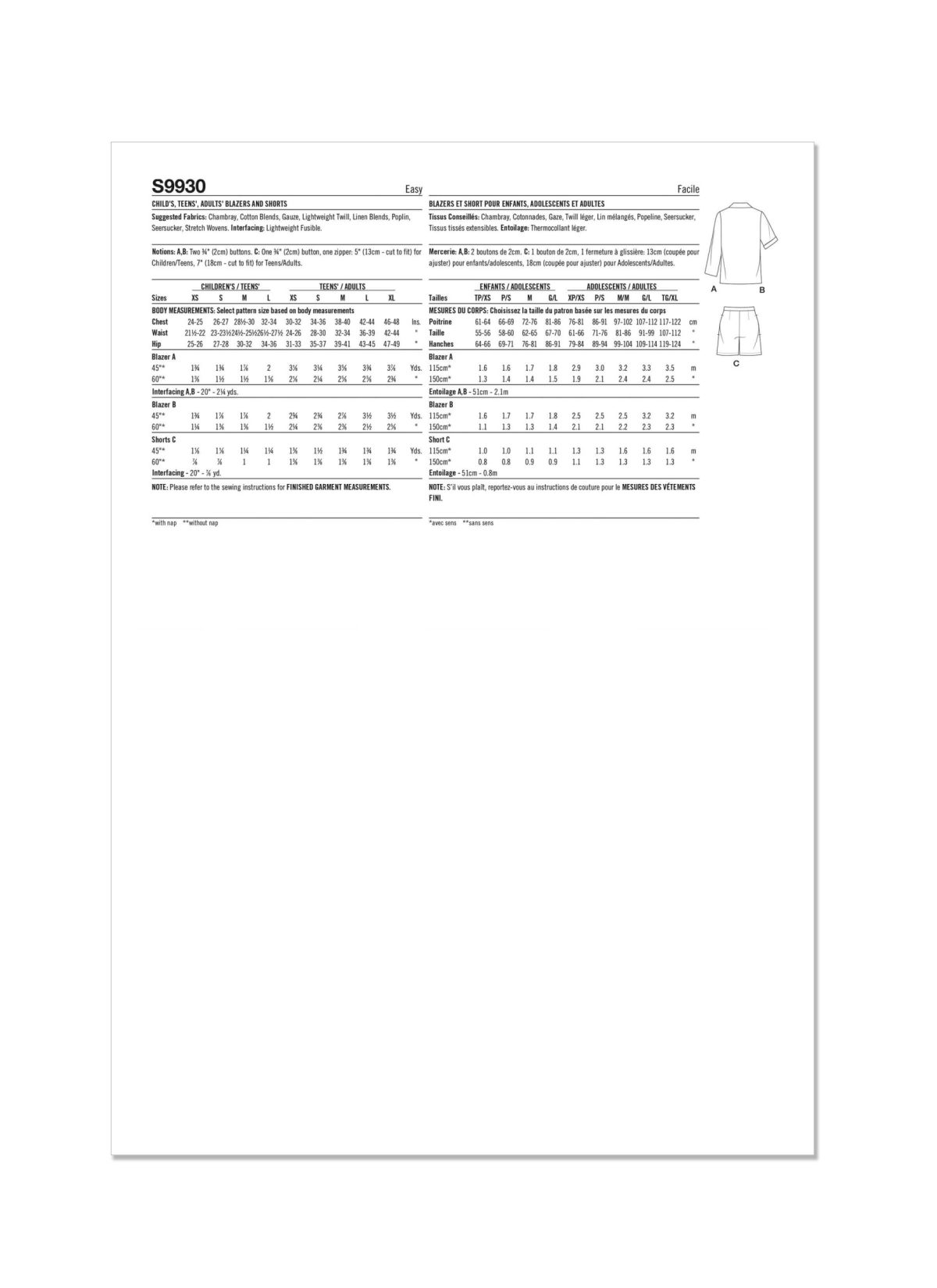 Simplicity Sewing Pattern S9930 Children's, Teens' and Adults' Blazers and Shorts