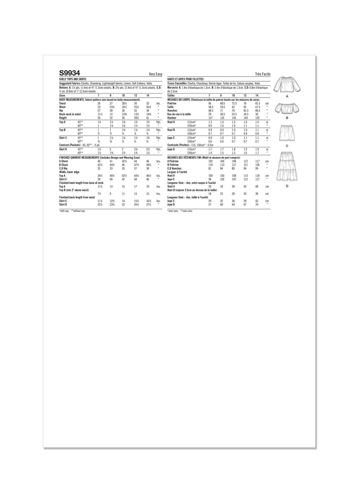 Simplicity Sewing Pattern S9934 Girls' Tops and Skirts