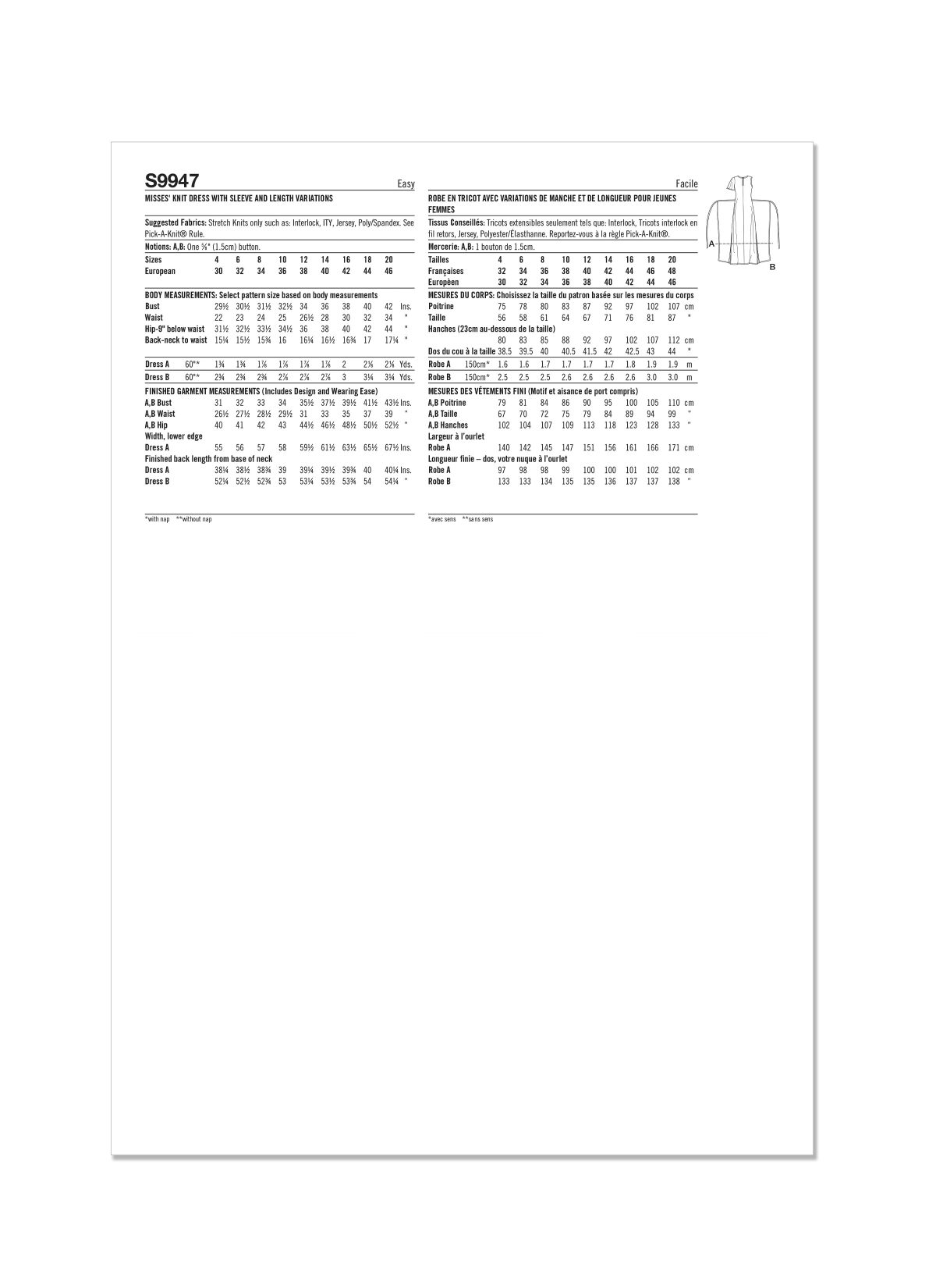 Simplicity Sewing Pattern S9947 Misses' Knit Dress with Sleeve and Length Variations