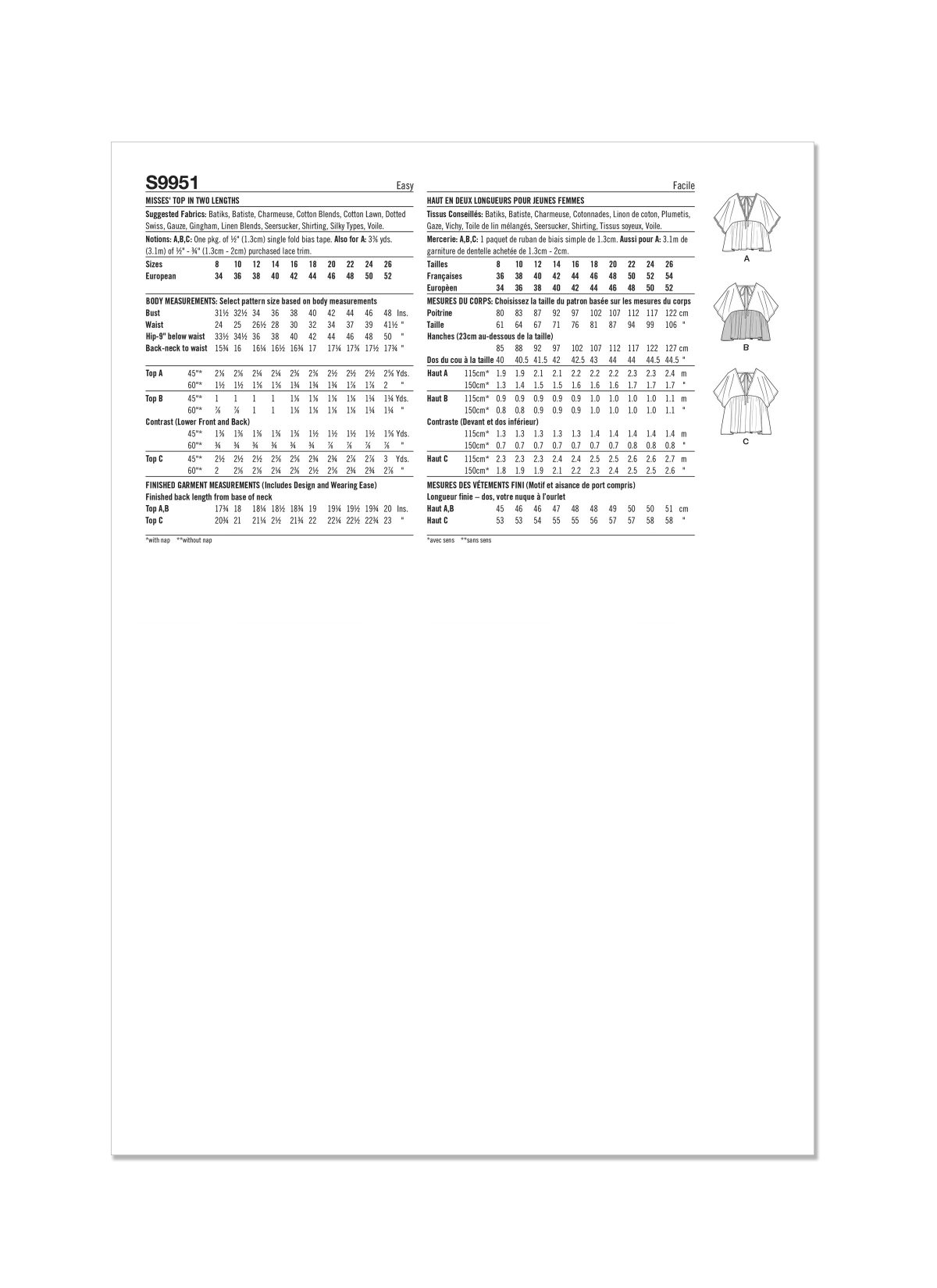Simplicity Sewing Pattern S9951 Misses' Top In Two Lengths