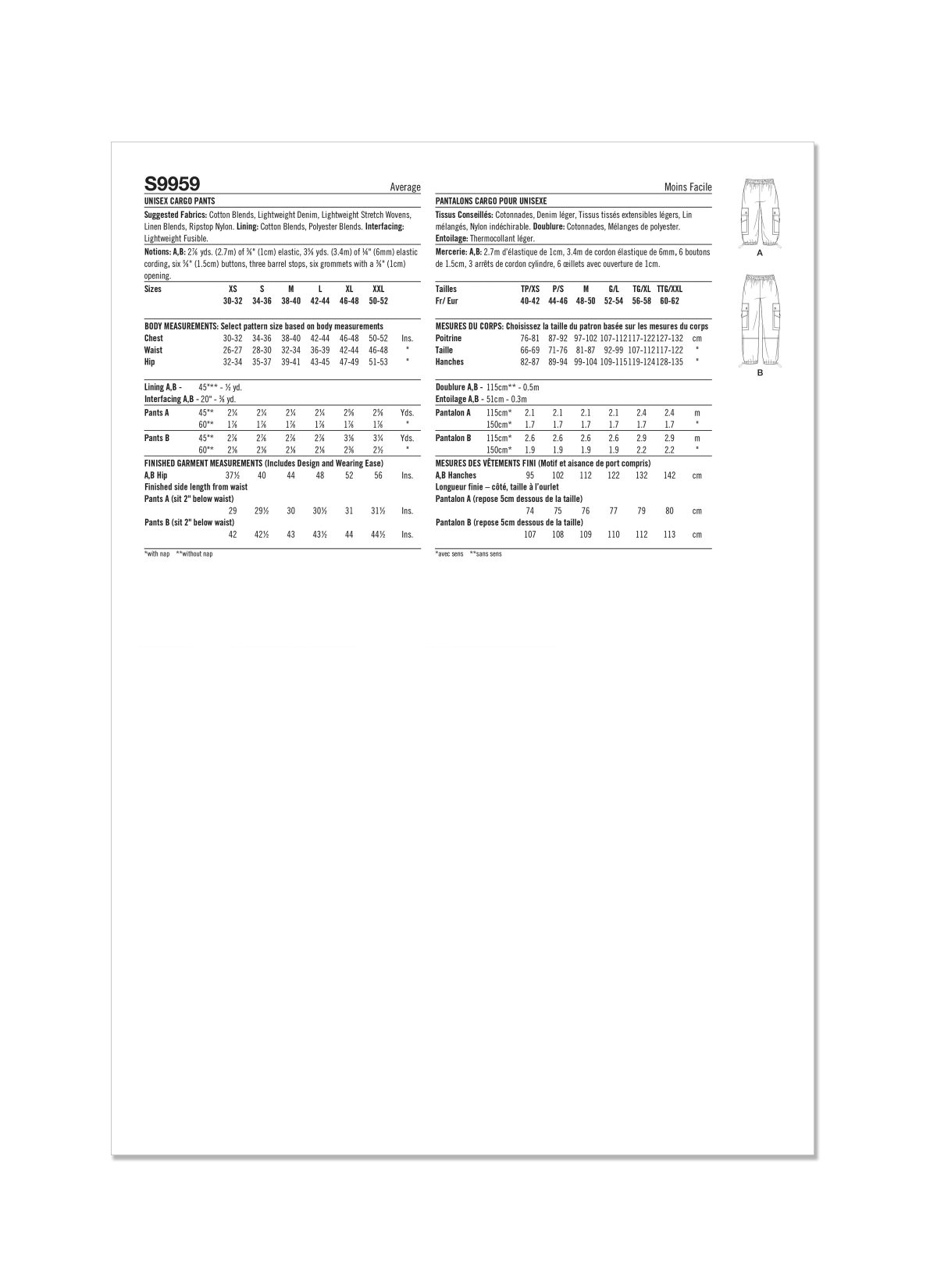 Simplicity Sewing Pattern S9959 Unisex Cargo trousers