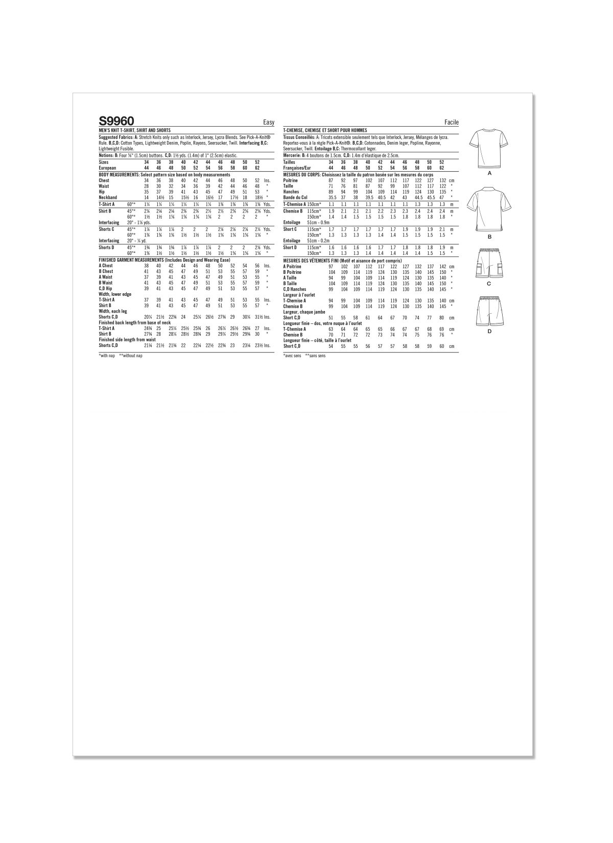 Simplicity Sewing Pattern S9960 Men's Knit T-Shirt, Shirt and Shorts