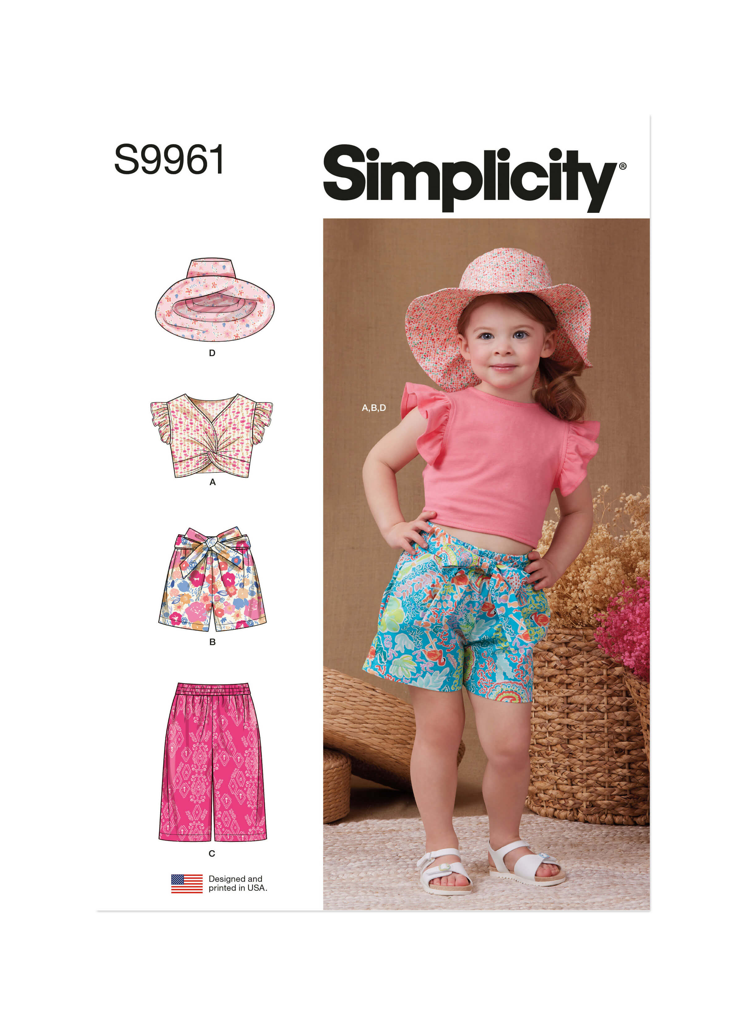 Simplicity Sewing Pattern S9961 Toddlers' Shorts, trousers, Hat and Knit Top Worn Front or Back
