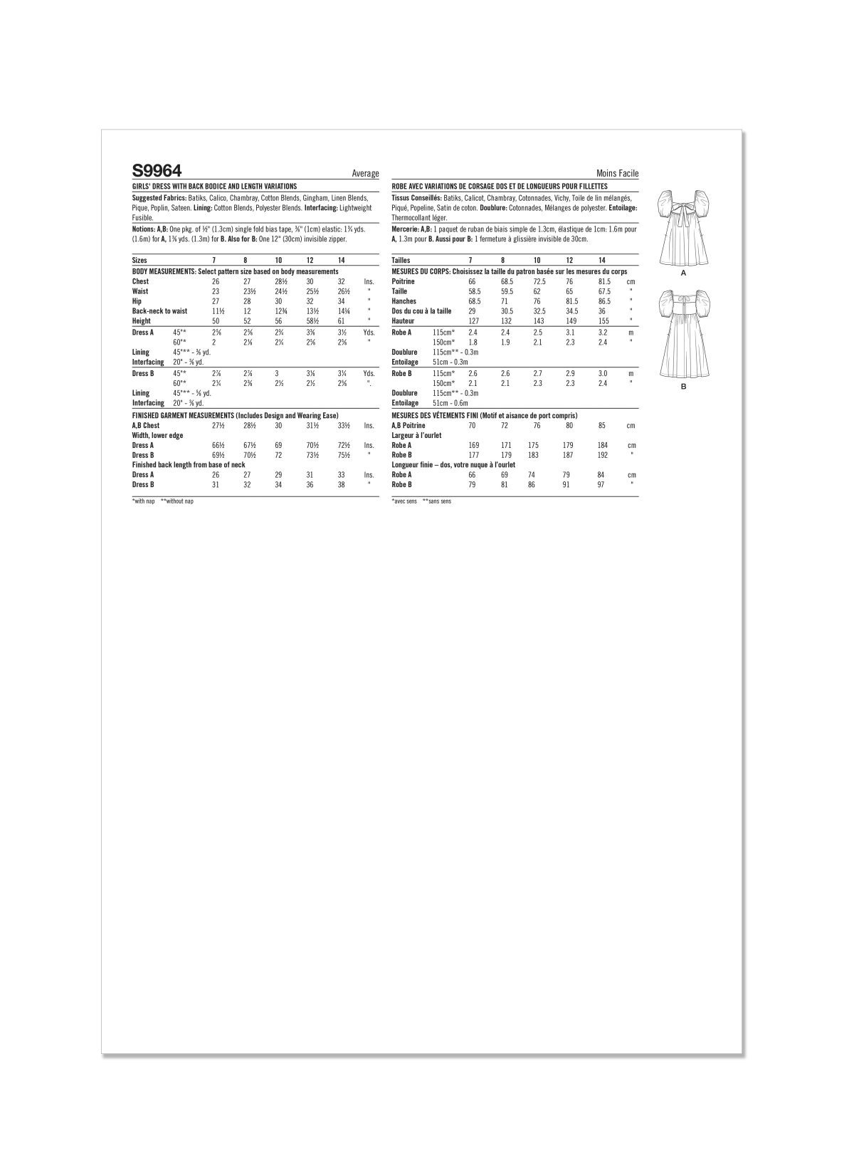 Simplicity Sewing Pattern S9964 Girls' Dress With Back Bodice and Length Variations